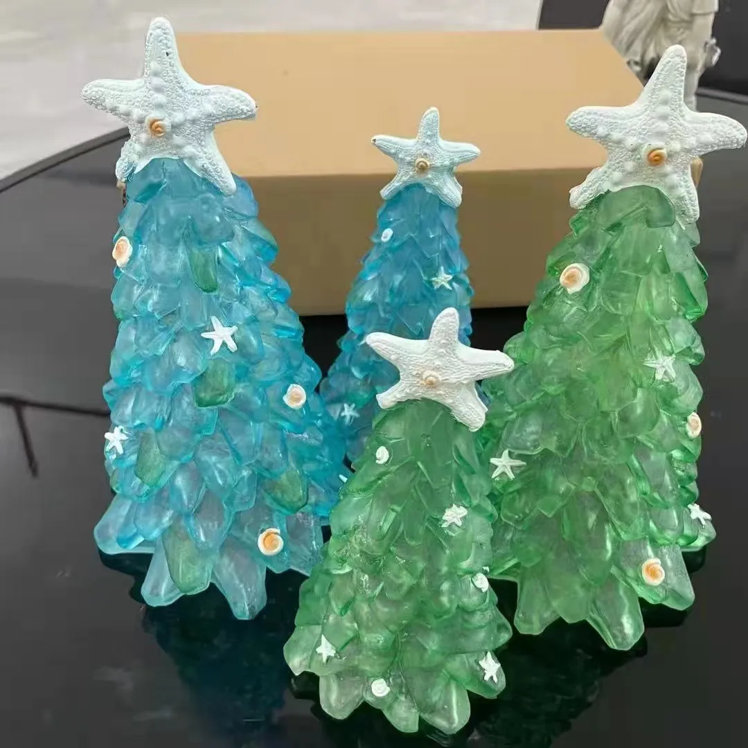 Resin Starfish Christmas Tree Figurine Sea Glass Coastal Nautical Christmas Ornament Emerald Blue Marine Style Desktop Decoration For Home Office Gift