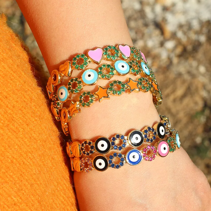 Evil Eye Open Bangle Copper Gold Plated Enamel Heart Star Colorful Cubic Zirconia Cuff Bracelet For Women