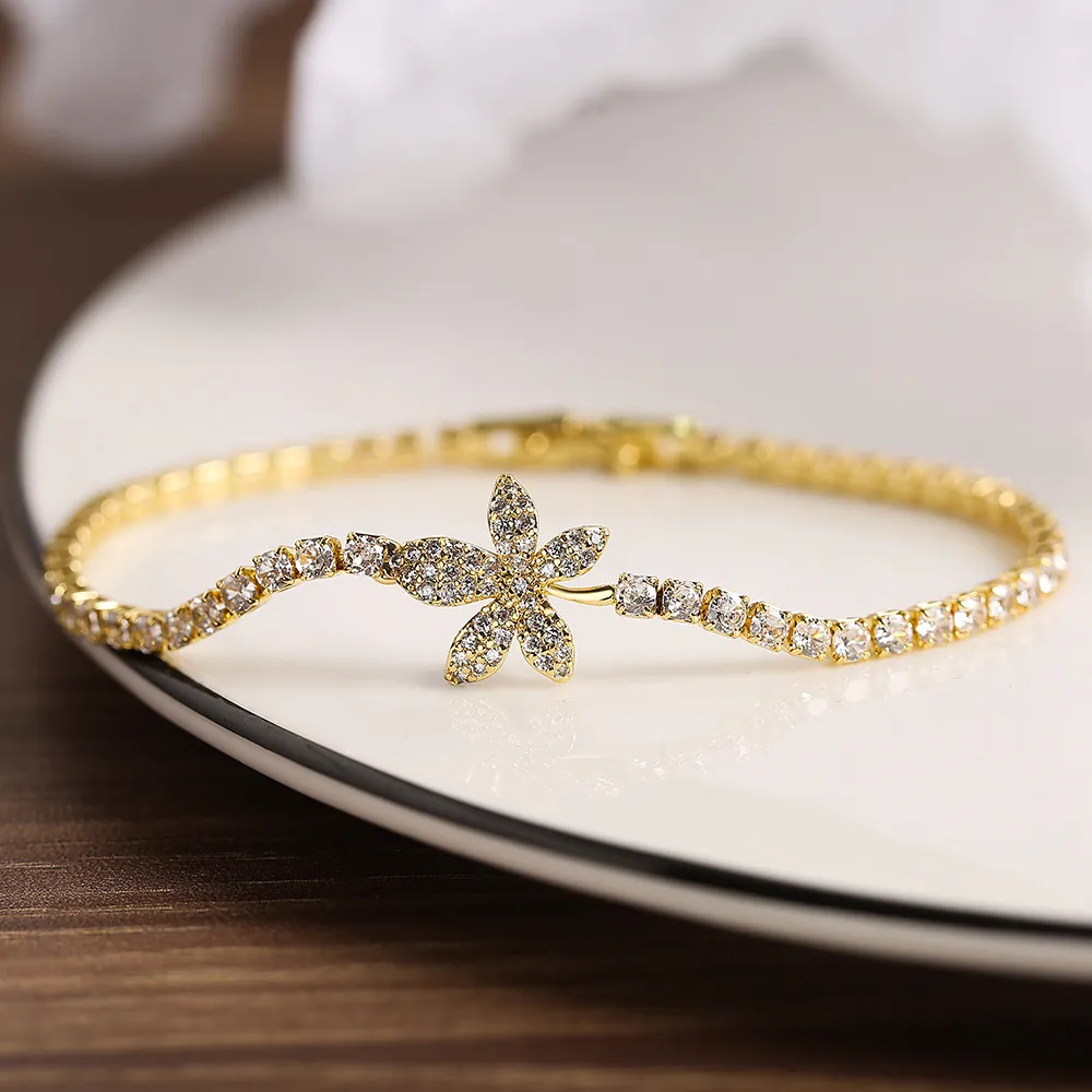 Elegant Flower Leaf Zircon Bracelet Copper Brass Tennis Chain Adjustable Inlaid Trendy Jewelry For Women Anniversary Gift