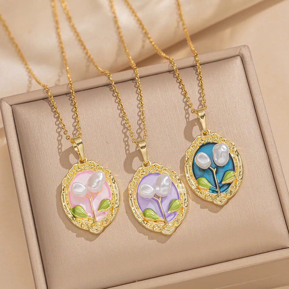 French Retro Artificial Baroque Pearl Pendant Necklace Copper Enamel Painted Flower Oval Floral Tulip Elegant Jewelry For Women