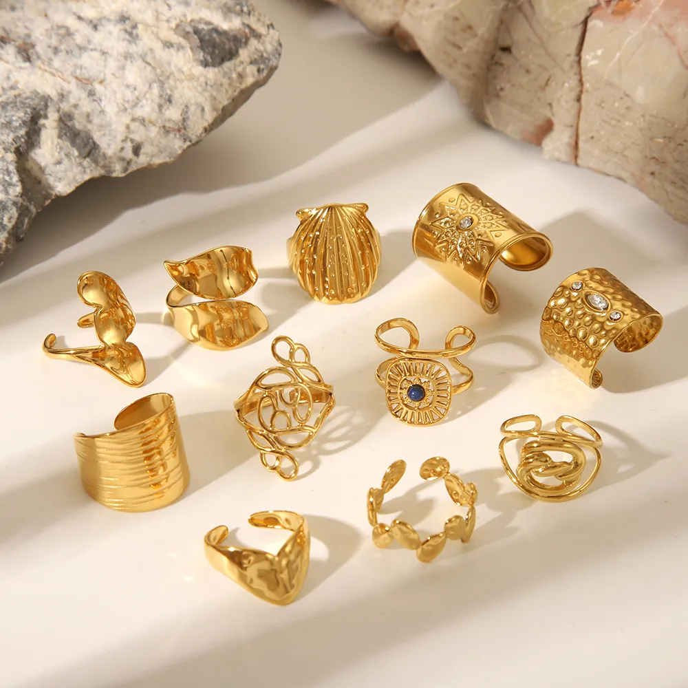 Gold Plated Stainless Steel Rings Adjustable Bohemian Geometric Heart Pattern Vintage Jewelry For Women