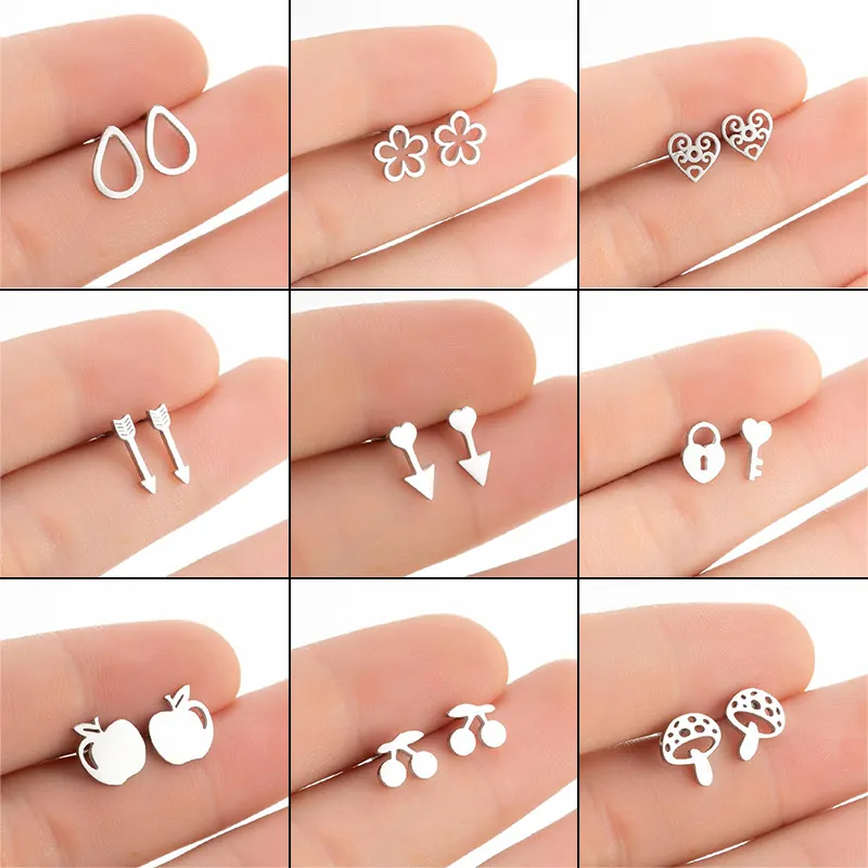 Stainless Steel Stud Earrings Minimalist Hollow Heart Arrow Apple Mushroom Key Lock Geometric Jewelry For Women