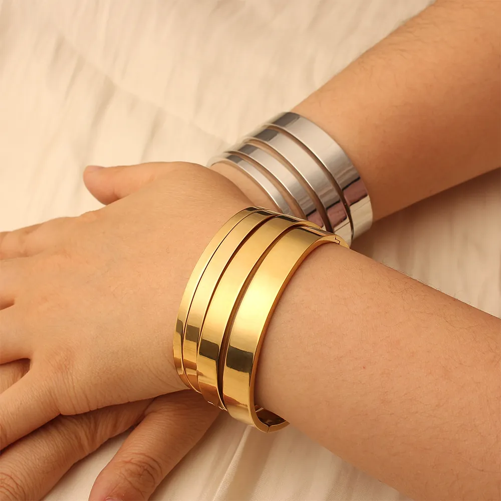Minimalist Bangle Bracelet Stainless Steel 18K Gold Plated Mirror Polish Flat Surface Hinge Clasp Waterproof Jewelry Women