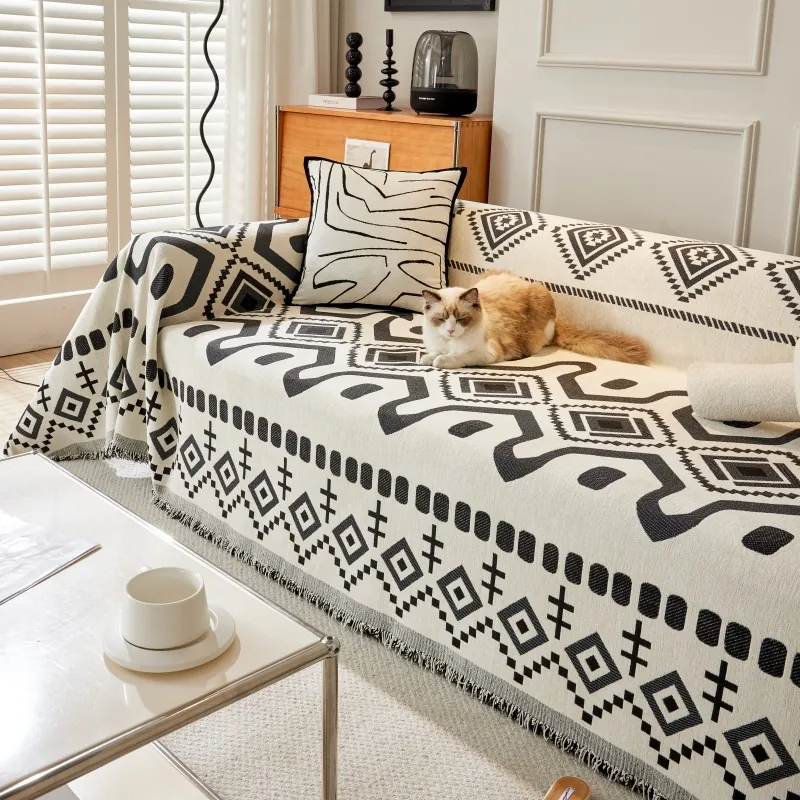 Bohemian Chenille Sofa Throw Blanket Geometric Pattern With Tassels Dustproof All Season Furniture Protector