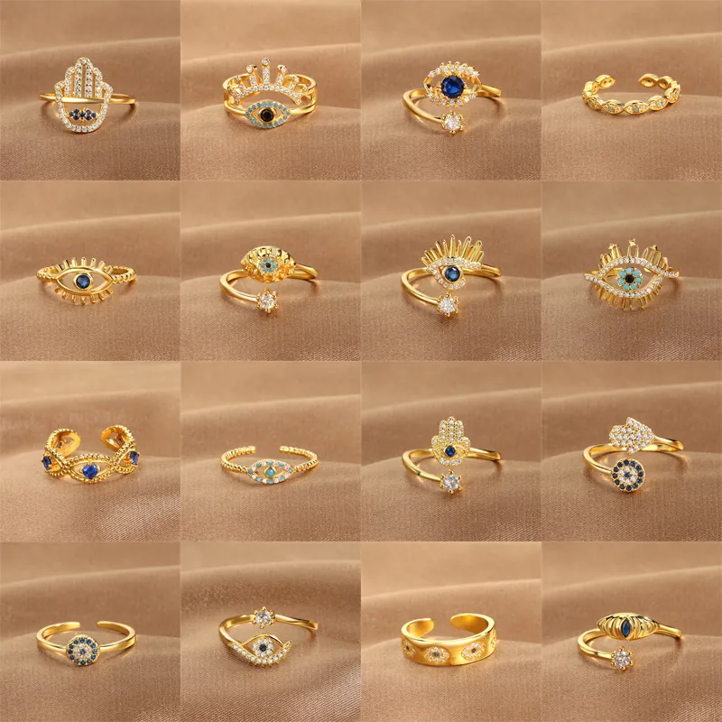 Evil Eye Open Rings Adjustable Copper Zirconia Hamsa Hand Lucky Amulet Bohemian Jewelry For Women Men