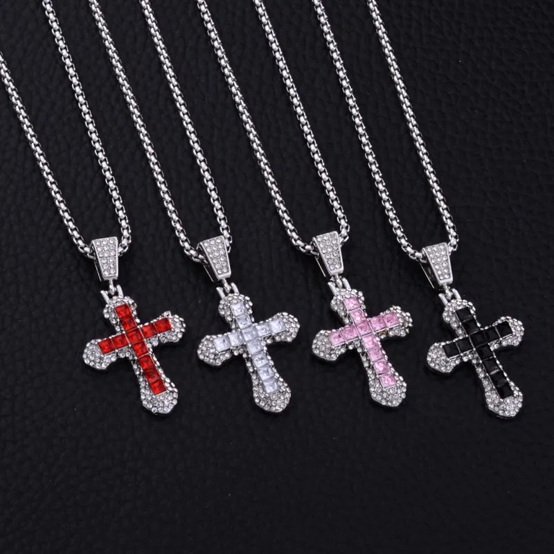 Edelstahl Kreuzanhänger Halskette Mit Bunten Zirkonia Quadratstein Voll Strass Hip Hop Religiöser Schmuck