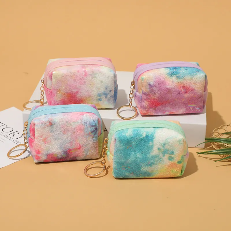 Star Coin Purse Plush Tie-Dye Gradient Mini Zipper Storage Bag With Keychain Hook Earphone Case For Women Kids