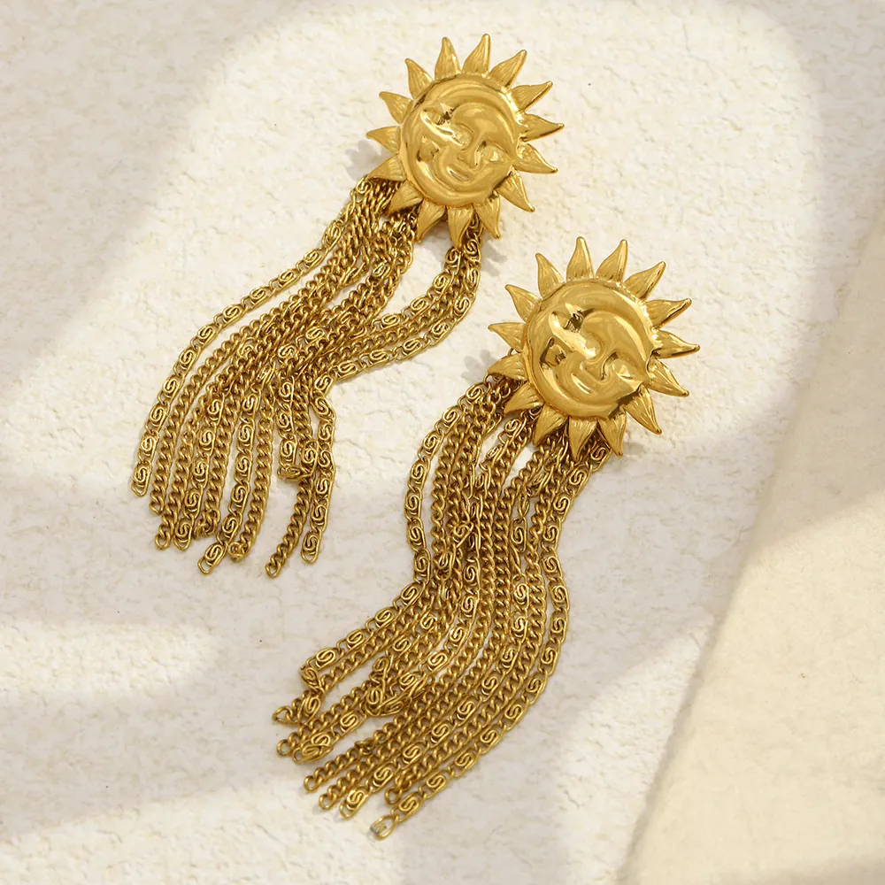 Sun Moon Face Long Tassel Earrings 18K Gold Plated Stainless Steel Bohemian Vintage Dangle Earrings For Women