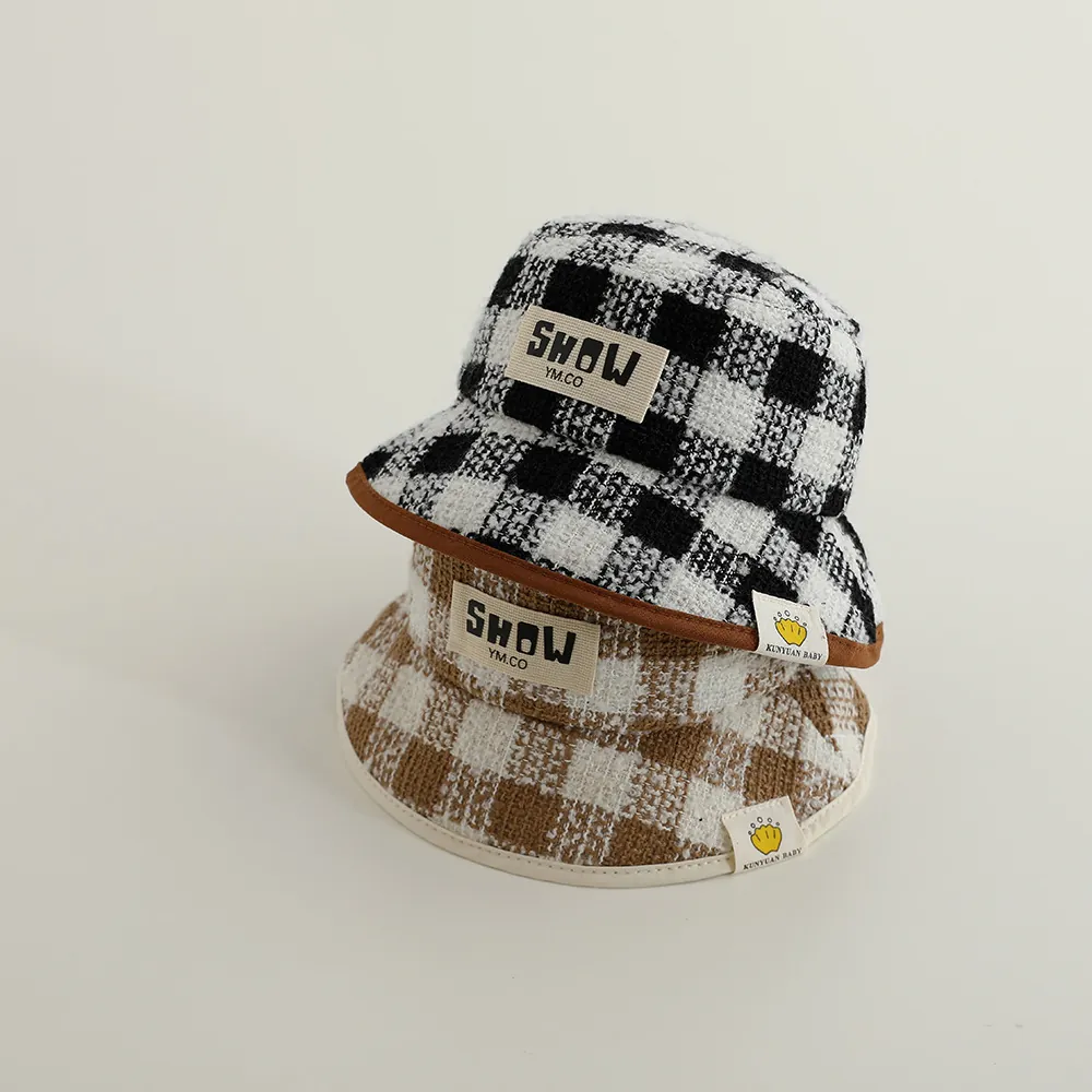 Kinder Karierter Tweed Fischerhut Warm Herbst Winter Sonnenhut Mit Winddichtem Seil Für Kleinkinder Jungen Mädchen