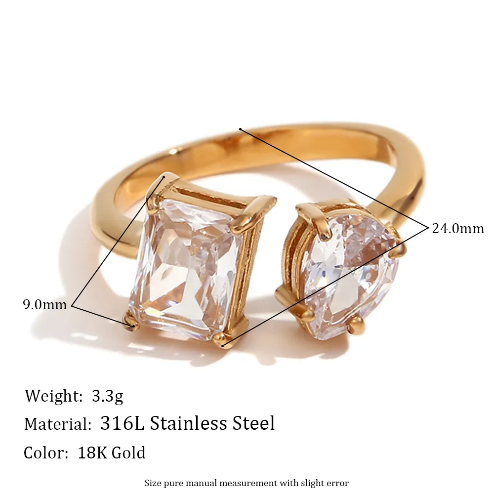 Adjustable Open Ring Stainless Steel 18K Gold Plated Pear And Emerald Cut Zircon Toi Et Moi Elegant Minimalist For Women