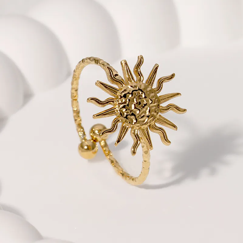 Sunburst Open Adjustable Ring Stainless Steel 18K Gold Plated Hammered Texture Minimalist Fashion Jewelry Women