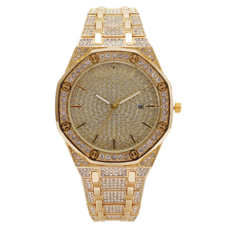 Women Luxury Quartz Watch Full Rhinestone Iced Out Octagonal Bezel Metal Strap Fashion Elegant Date Display