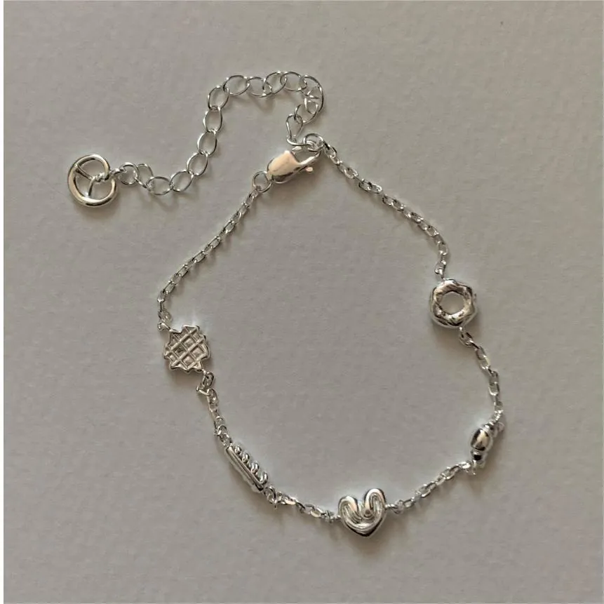 925 Sterling Silver Bracelet Women Korean Style Geometric Heart Croissant Waffle Charms Minimalist Jewelry Adjustable