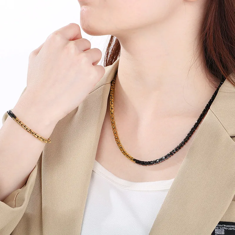 Collier Et Bracelet En Acier Inoxydable Bicolore Noir Or Chaîne À Maillons Pour Hommes Femmes Minimaliste