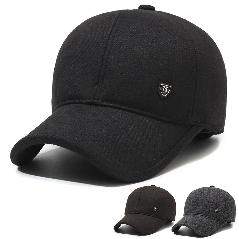 Men Winter Woolen Baseball Cap With Ear Flaps Warm Windproof Outdoor Hat Metal Shield Decor Classic Sporty Accessory
