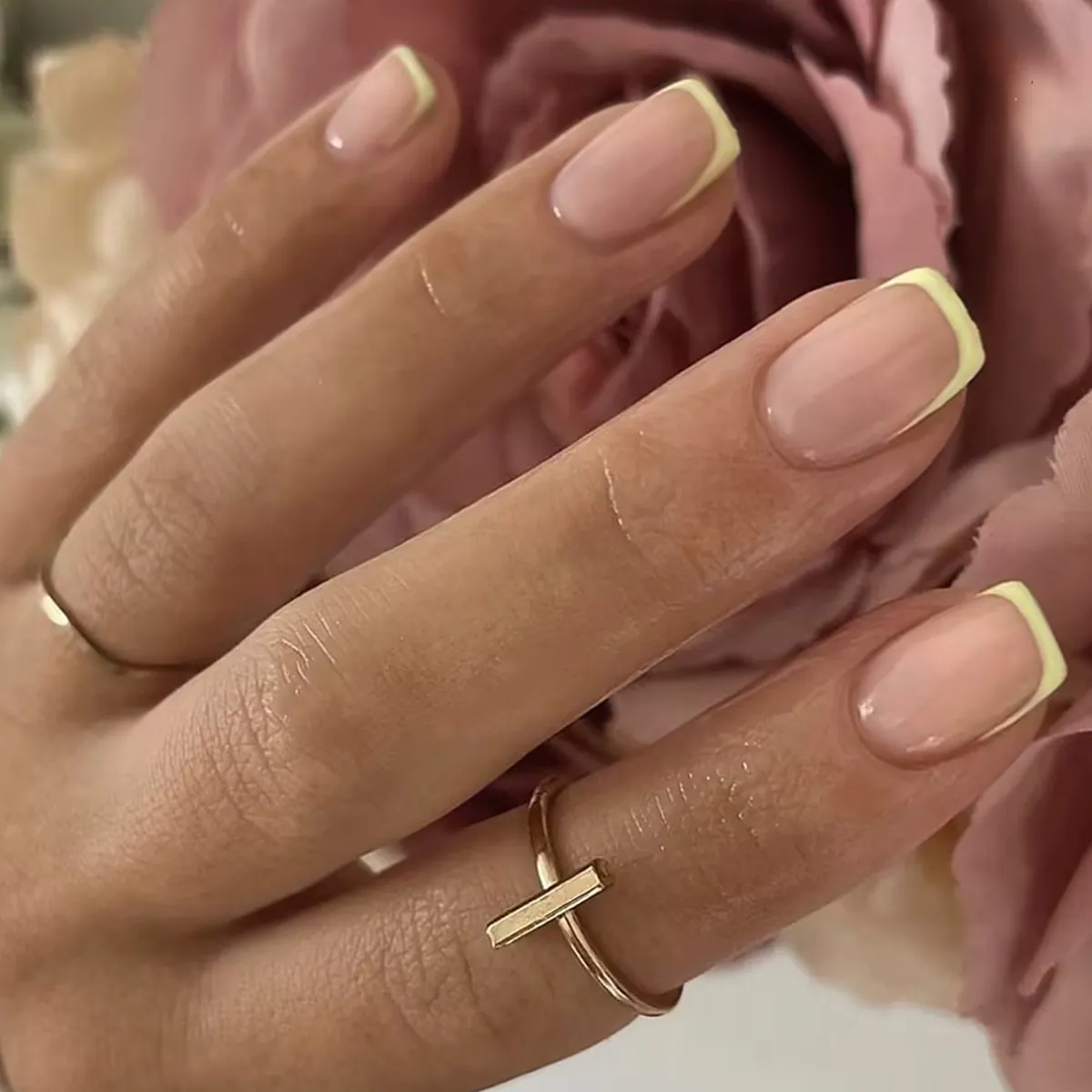 French Press On Nails Square Nude Marble Pattern Yellow Tips ABS Glossy Fake Nails For Women DIY Manicure