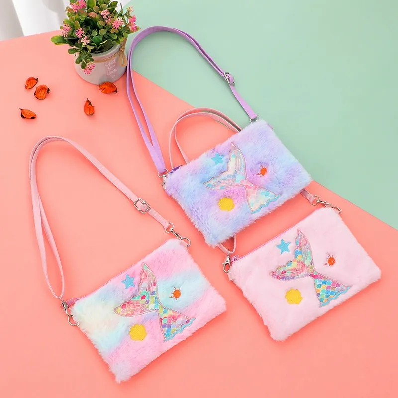 Plush Mermaid Tail Shoulder Bag Sequin Sea Elements Adjustable PU Strap For Kids Girls Toddlers Crossbody
