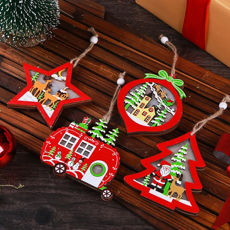 Christmas Hanging Ornaments LED Glowing Wood Hollow Tree Car Heart Star Festive Home Decor Gift