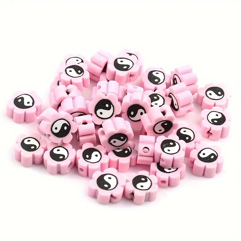 Pink Flower Polymer Clay Beads With Yin Yang Tai Chi Pattern For DIY Bracelet Jewelry Making Accessories
