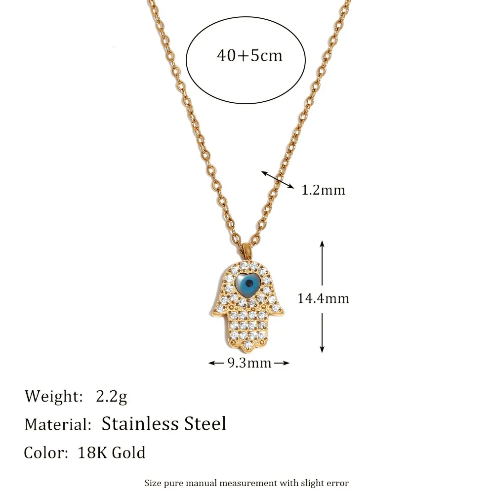Vintage Stainless Steel 18K Gold Plated Evil Eye Hamsa Hand Pendant Necklace For Women Rhinestone Inlaid Fashion Jewelry Gift