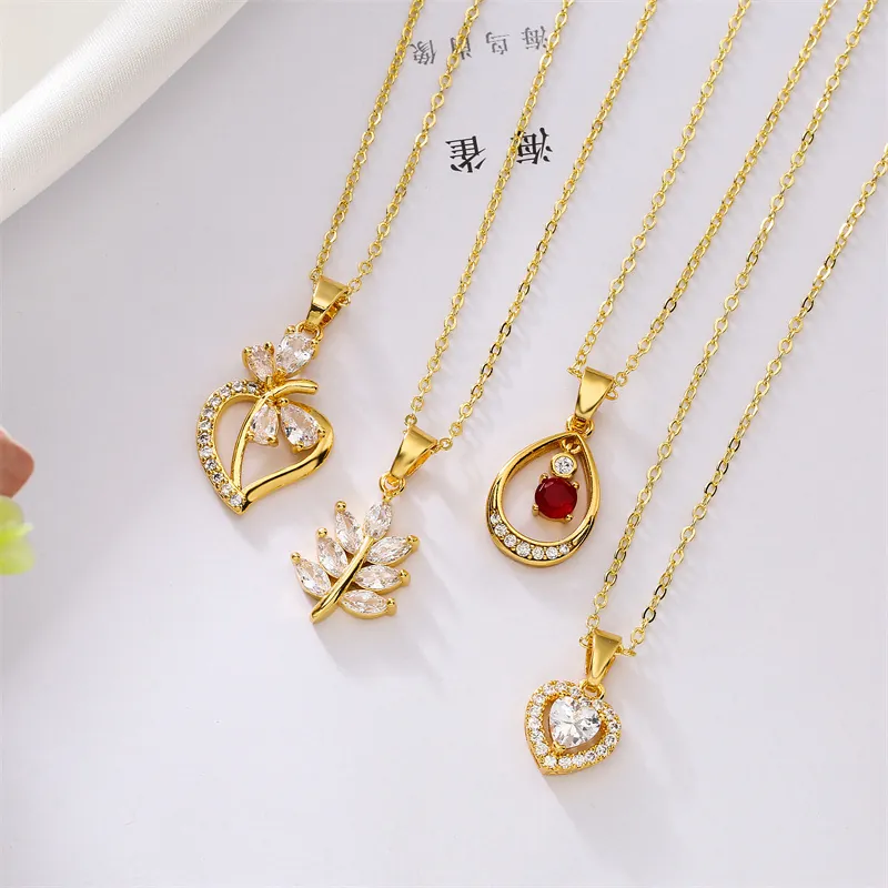 Elegante Herz Blatt Wassertropfen Anhänger Halskette Kupfer Zirkon Vergoldet Schlüsselbein Kette Schmuck Für Damen