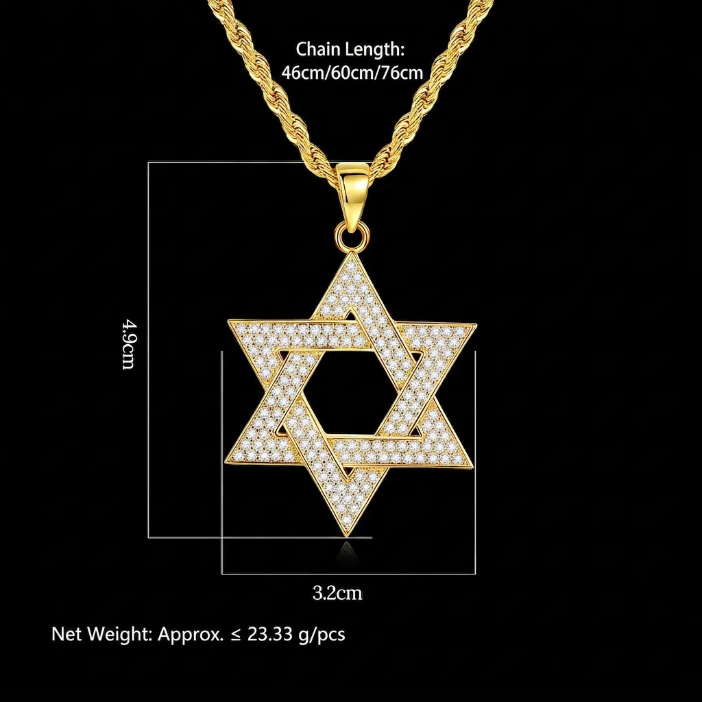 Iced Out Star Of David Pendant Necklace Alloy Rhinestone Hexagram Solomon Seal Hip Hop Jewelry For Men Women