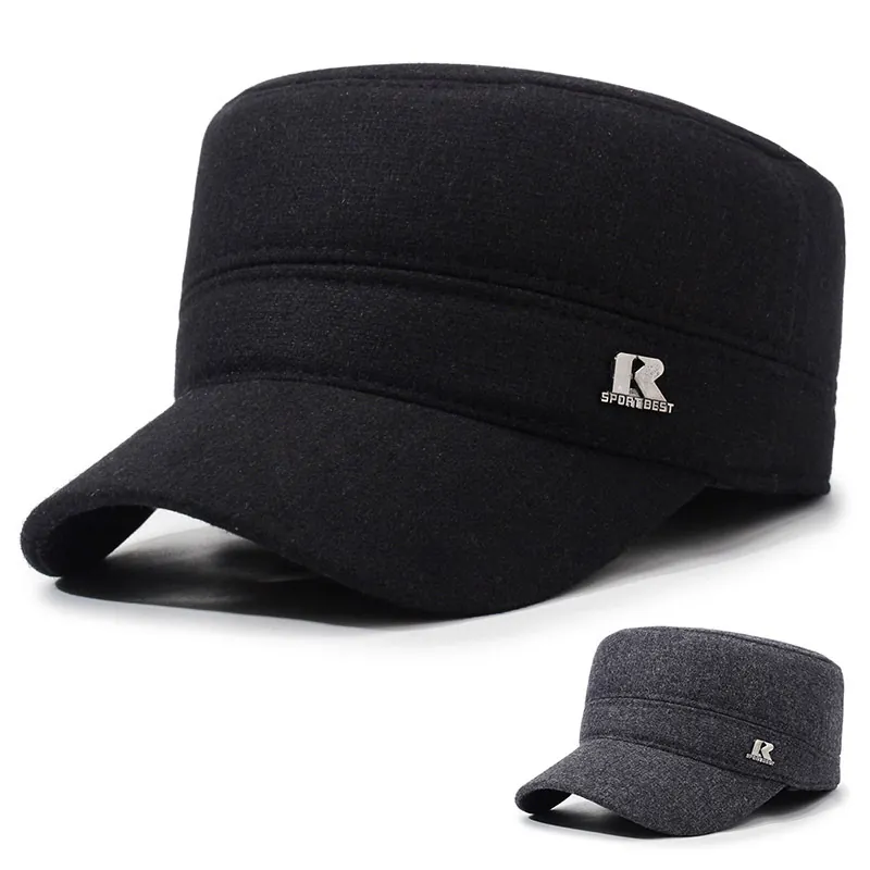 Men Cadet Hat Winter Warm Woolen Flat Top Cap Foldable Ear Flaps Windproof Outdoor Adjustable Military Style Metal Logo
