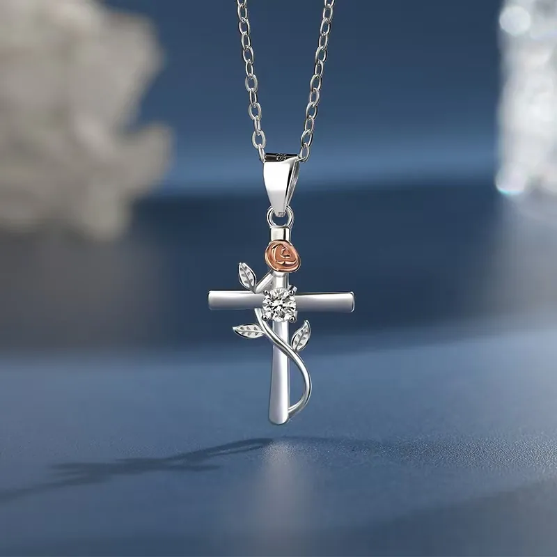 S925 Sterling Silver Rose Cross Necklace For Women Fashion Zirconia Pendant Inlaid Religious Commuting Clavicle Chain Jewelry