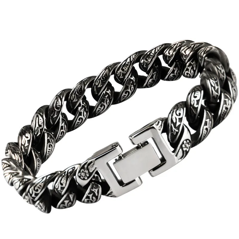 Vintage Carved Cuban Chain Bracelet Alloy Metal Retro Punk Style For Men Women Silver Black Finish