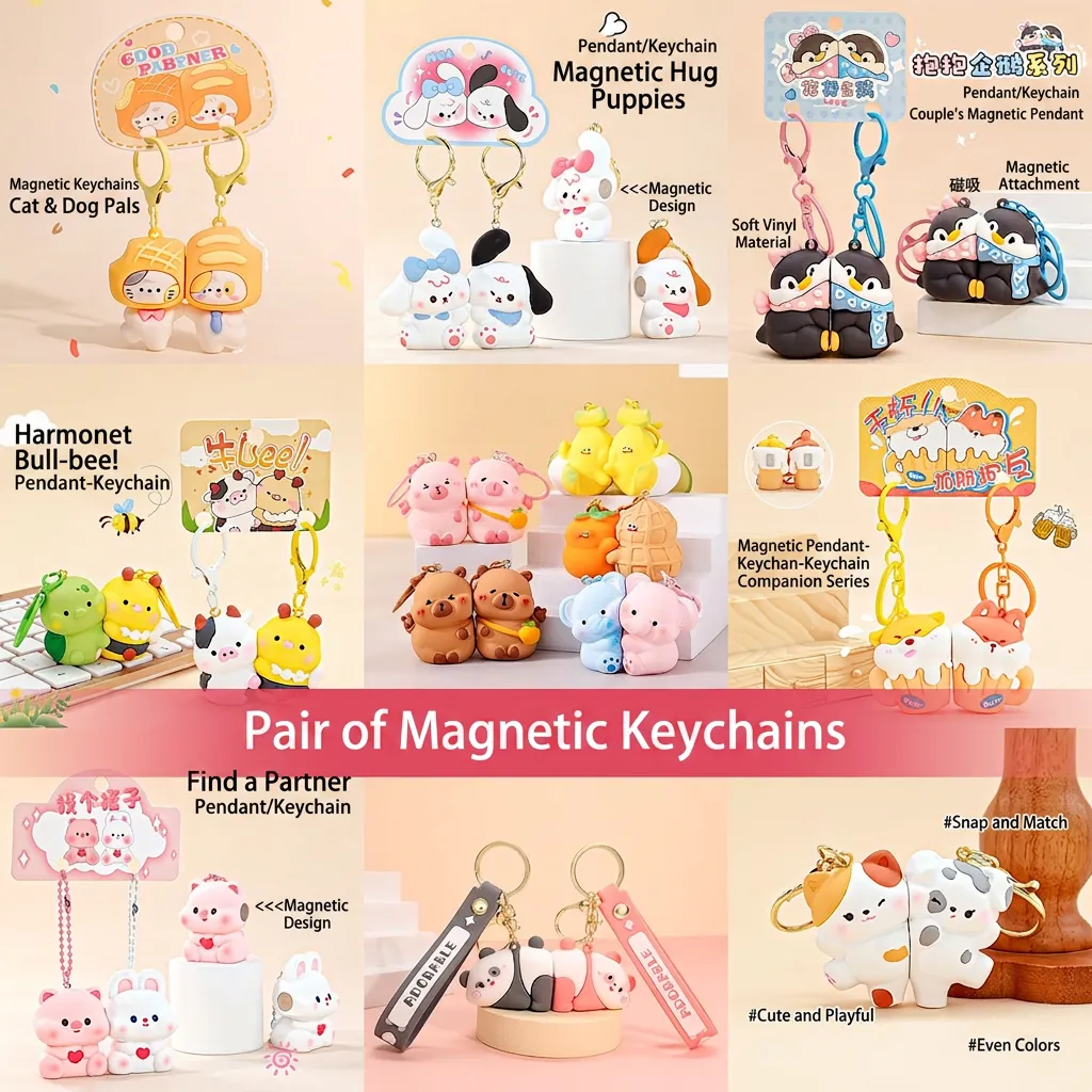 3D Cartoon Animal Magnetic Keychain Resin PVC Bag Charm Pendants Decorative Key Ring Accessory Gift For Couple Friends
