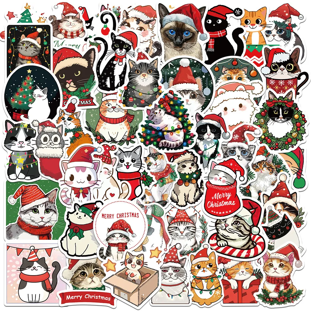 Christmas Cat Stickers Cartoon Kitten Decals Waterproof PVC DIY Laptop Phone Case Luggage Scrapbook Decorative Holiday Gift