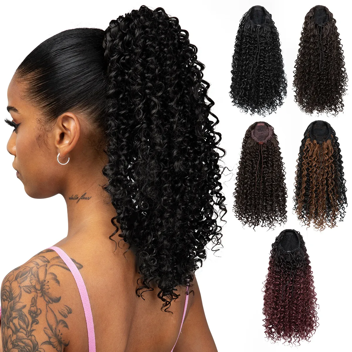 Afro Kinky Curly Drawstring Ponytail Extension Synthetic Heat Resistant Fiber Hair For Women Fluffy Natural Look