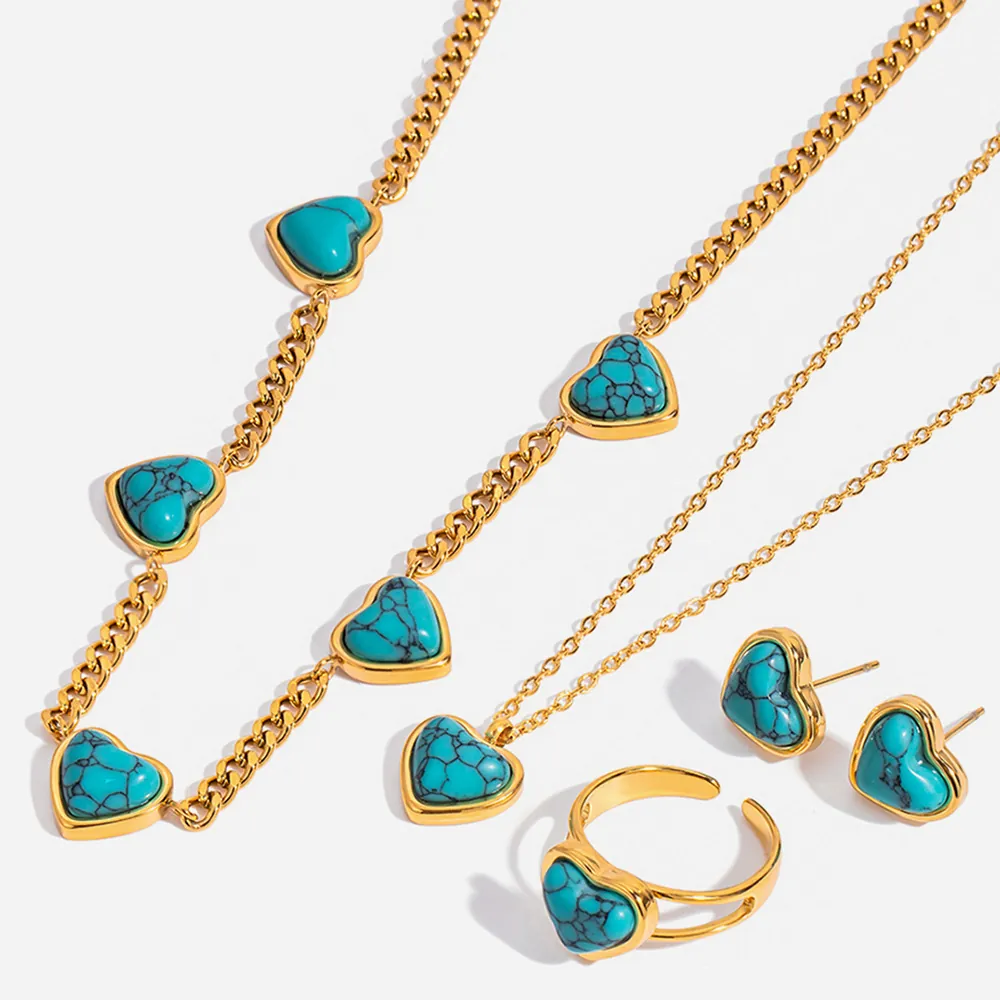 Collier Boucles D'oreilles Bracelet Bague Turquoise Cœur Acier Inoxydable Plaqué Or 18K Étanche Boho Pour Femmes