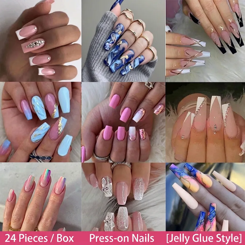 Press On Nails Long Coffin Shape Artificial Fingernails Plastic Rhinestones Glitter Butterfly Marble French Tips Women