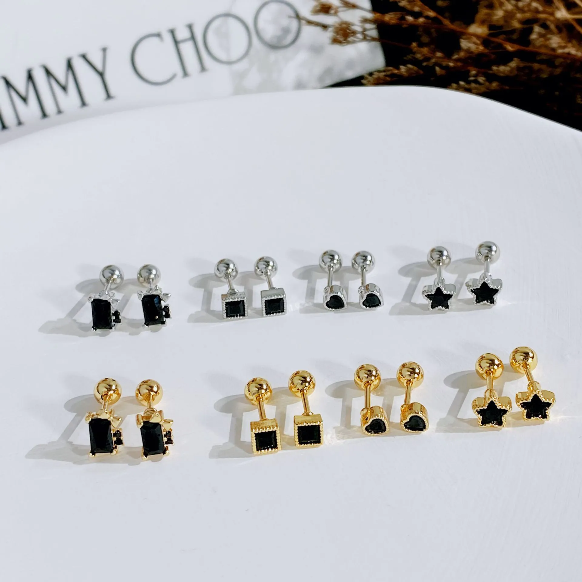 Black Zircon Titanium Stainless Steel Stud Earrings Screw Ball Back Geometric Heart Star Square Minimalist Unisex