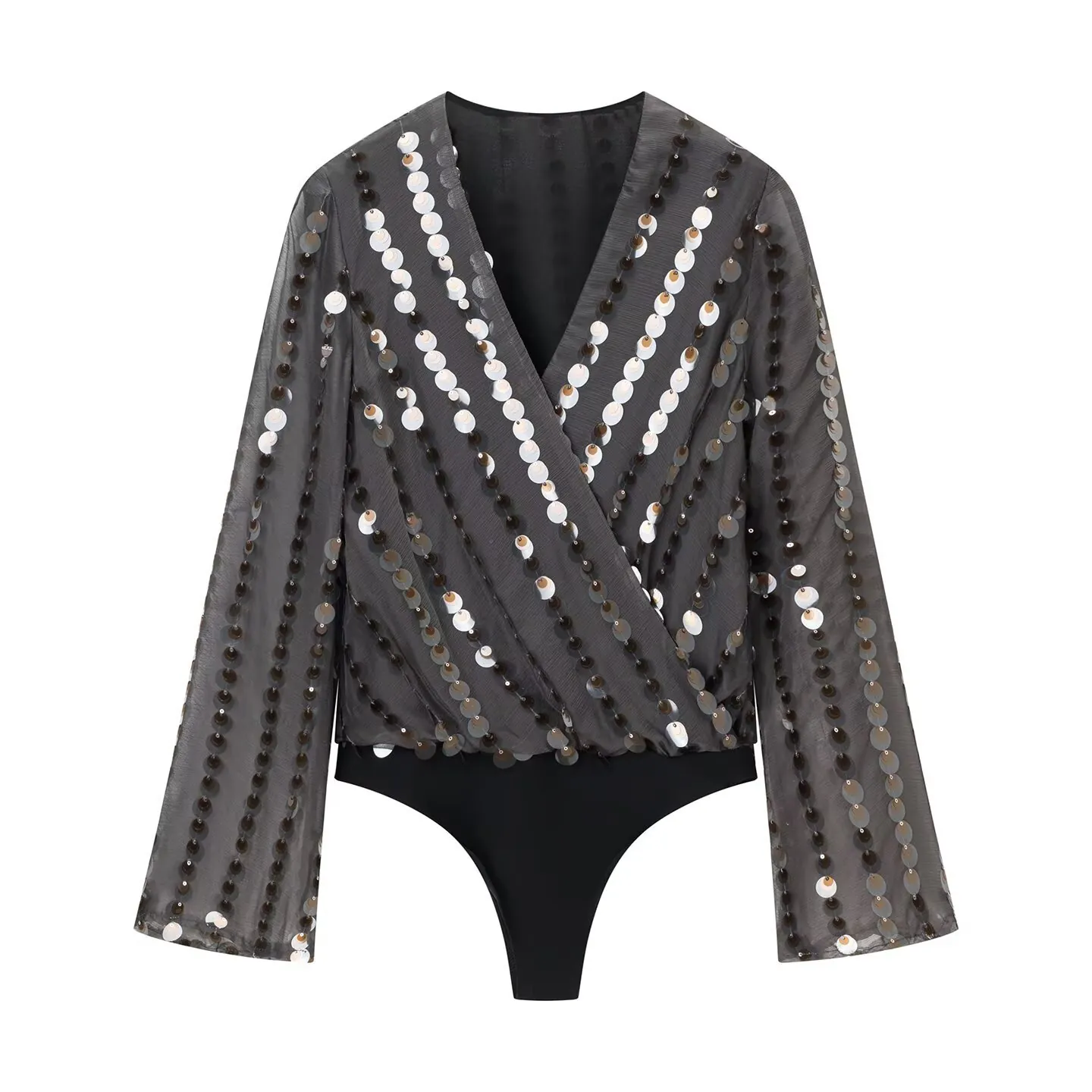 Women Long Sleeve Bodysuit V Neck Sequin Mesh Sheer Party Clubwear Elegant Polyester Top