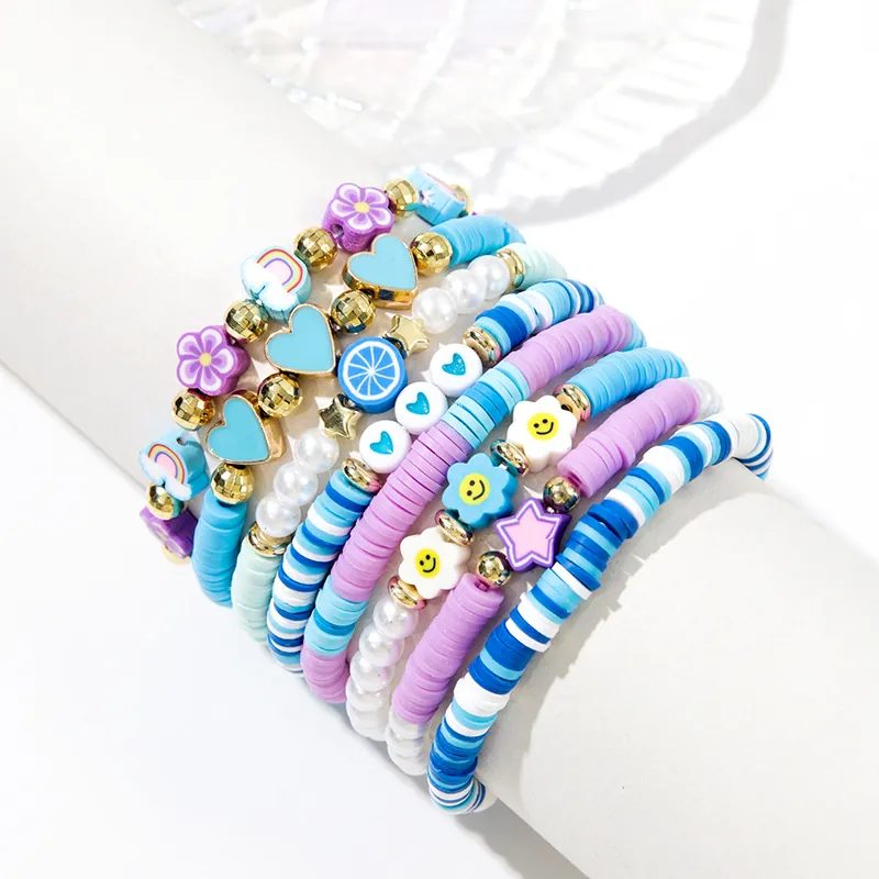Bohemian Multi-layer Beaded Bracelet Women Polymer Clay Faux Artificial Pearl Alloy Heart Flower Smiley Face Summer Fashion Jewelry