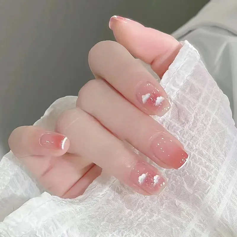 Pink Blush Gradient Press-On Nails French Tip White Cloud Patterns Glitter Sequins Short Square Round Manicure For Women