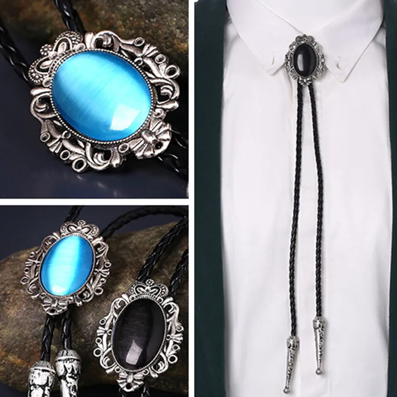 Vintage Bolo Tie Alloy Oval Faux Stone Pendant PU Leather Cord Crown Detail Western Cowboy Retro Necktie Men Women