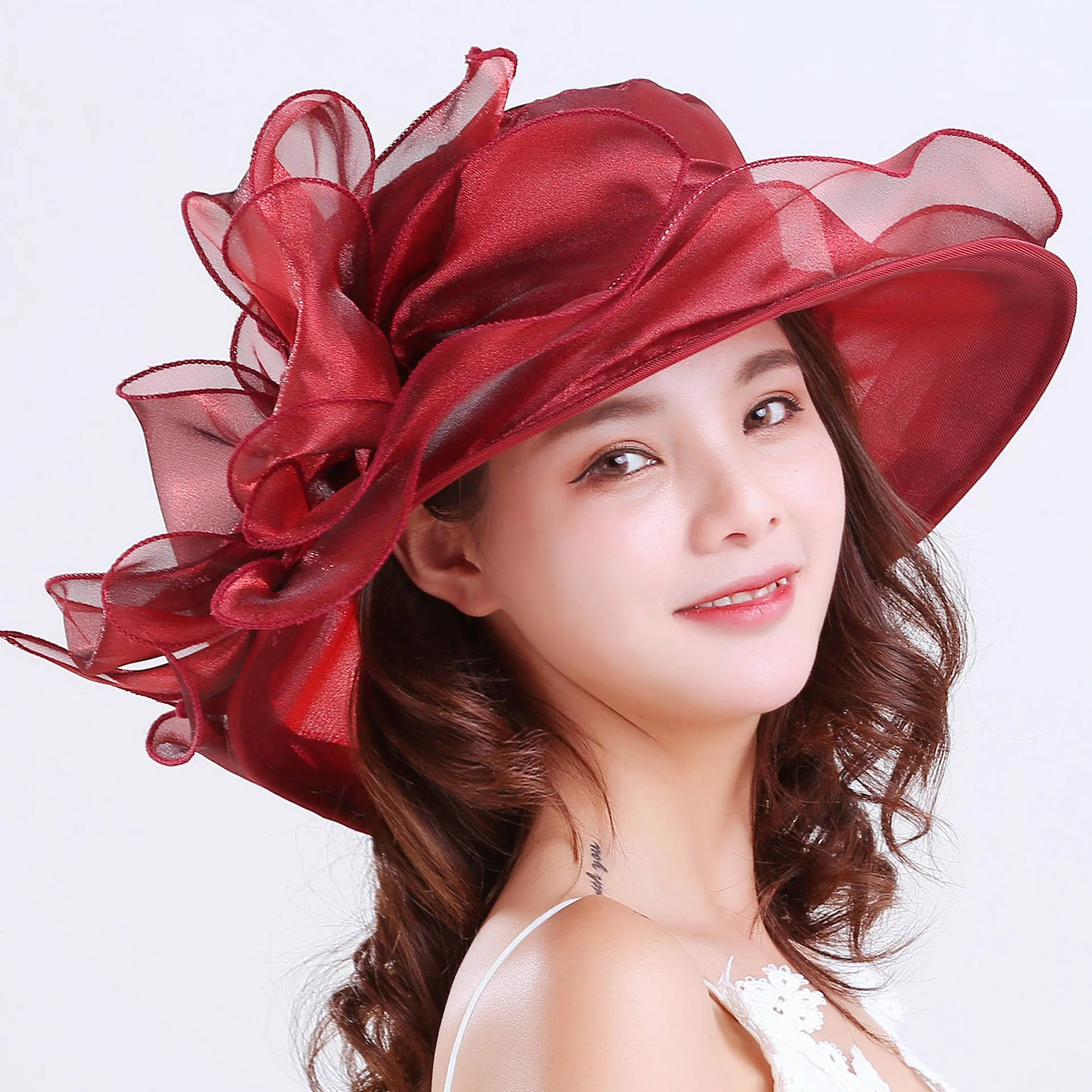 Women Elegant Organza Sun Hat Wide Brim Flower Bowknot Dress Hats For Wedding Party Church Beach UV Protection Summer
