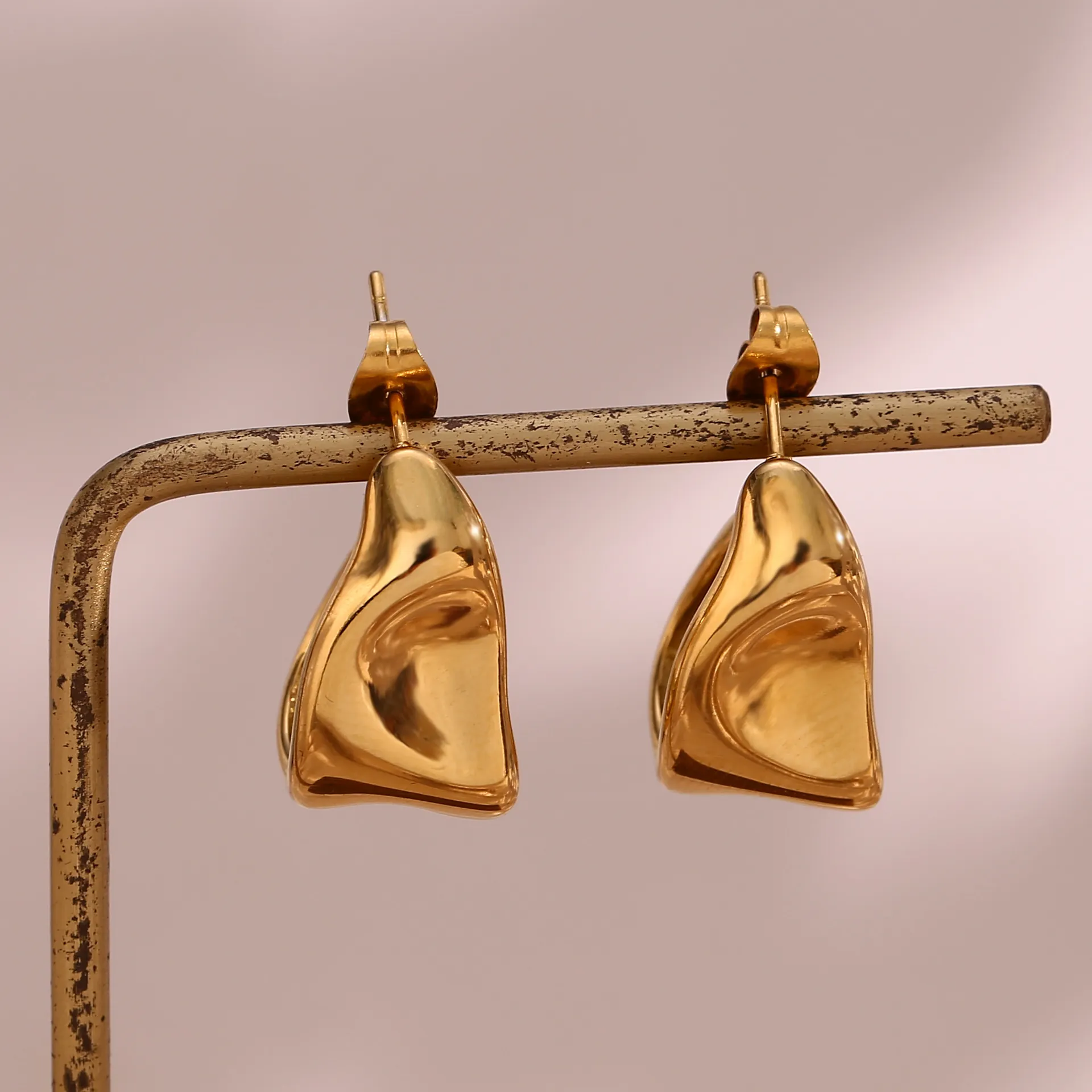 Irregular Geometric Trapezoid Stud Earrings Stainless Steel Tin Foil Texture Liquid Metal Minimalist Style For Women