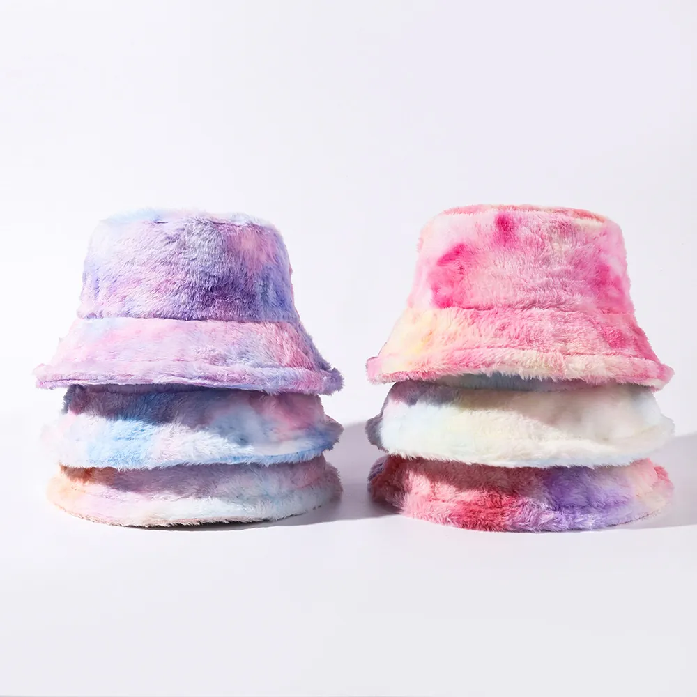 Women Unisex Winter Warm Plush Bucket Hat Faux Fur Soft Tie-Dye Outdoor Casual Fisherman Hat Foldable Sun Basin Cap
