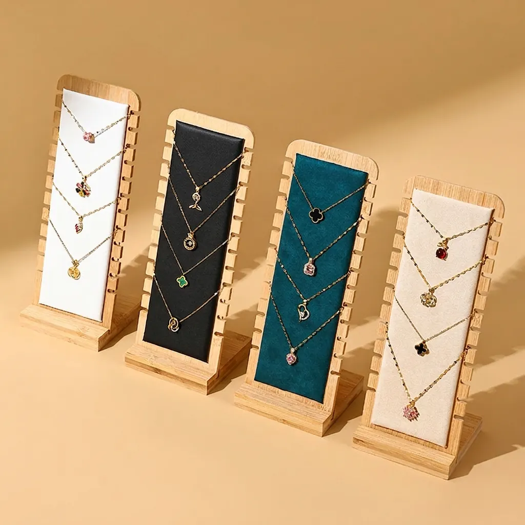 Necklace Display Stand Bamboo Wood Detachable Jewelry Holder Velvet Leather Pendant Rack Organizer For Retail Showroom