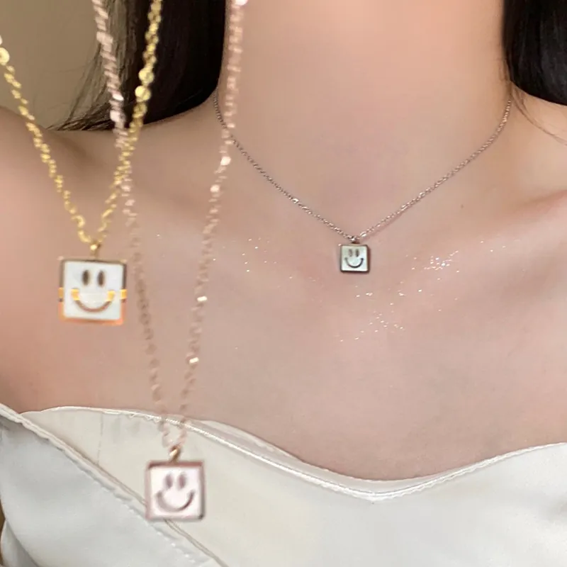 Smiley Face Square Pendant Necklace Titanium Steel With Imitation Mother Of Artificial Pearl Shell Inlay Fashion Jewelry For Women