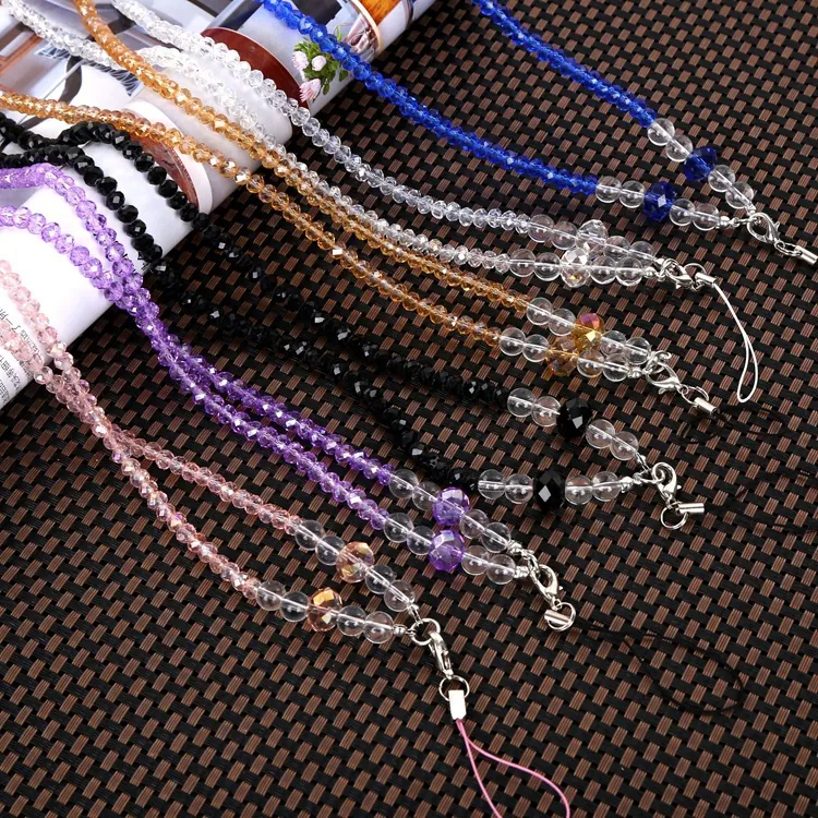 Phone Lanyard Strap Beaded Crystal Glass Neck Hanging Universal Fashion Handmade Accessory With Metal Clasp