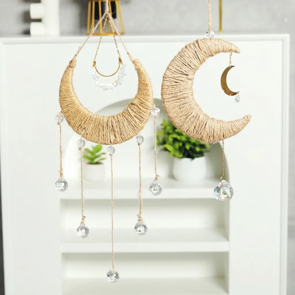 Moon Crystal Suncatcher Hanging Ornament Hemp Rope Woven Boho Wall Decor Garden Window