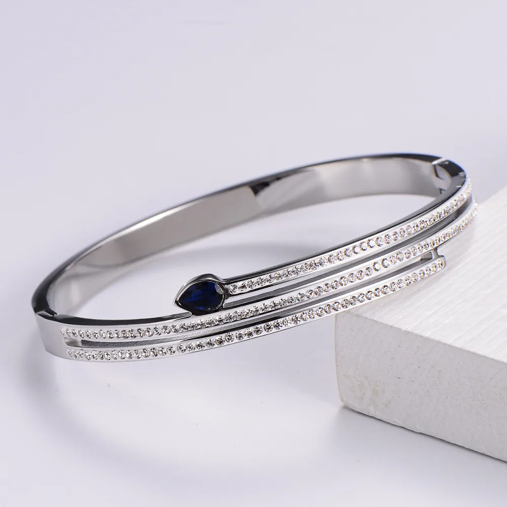 Stainless Steel Bangle Bracelet For Women 18K Gold Plated Hinged Luxury Cubic Zirconia Blue Water Drop Stone Trendy