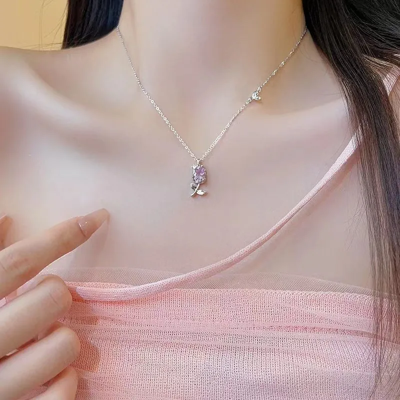 Tulip Pendant Necklace Alloy With Pink Zircon Butterfly Decor Sweet Elegant Jewelry Gift For Women Silver Color
