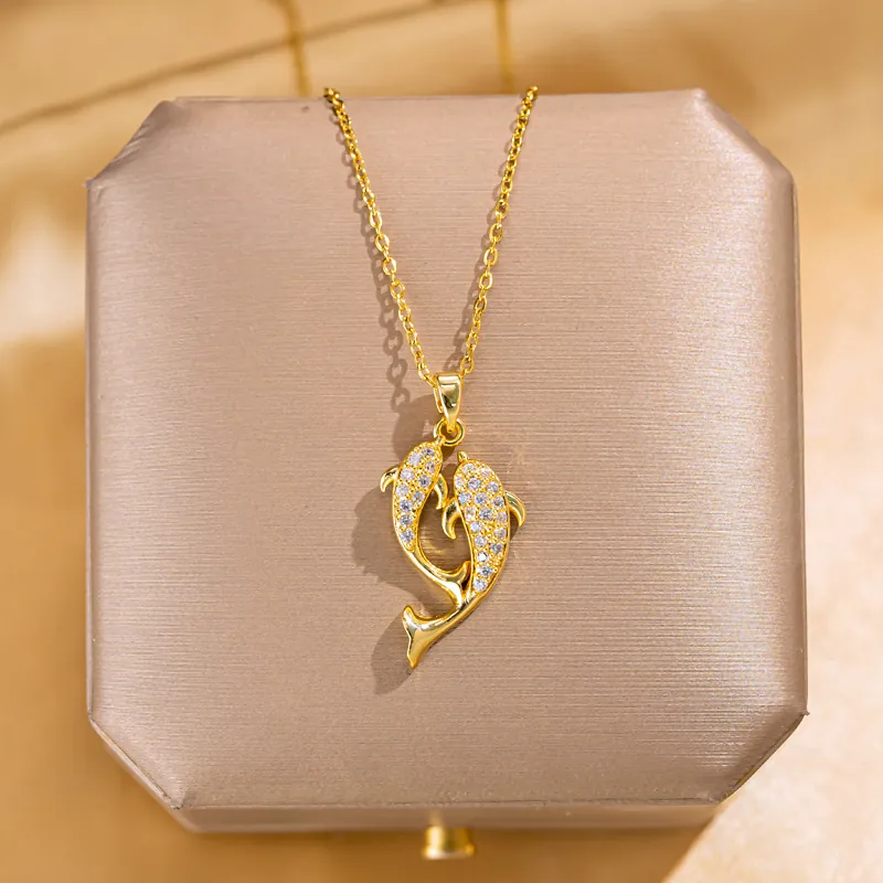 Double Dolphin Pendant Necklace Copper Gold Plated With Zircon Micro Inlaid Luxury Animal Jewelry For Women