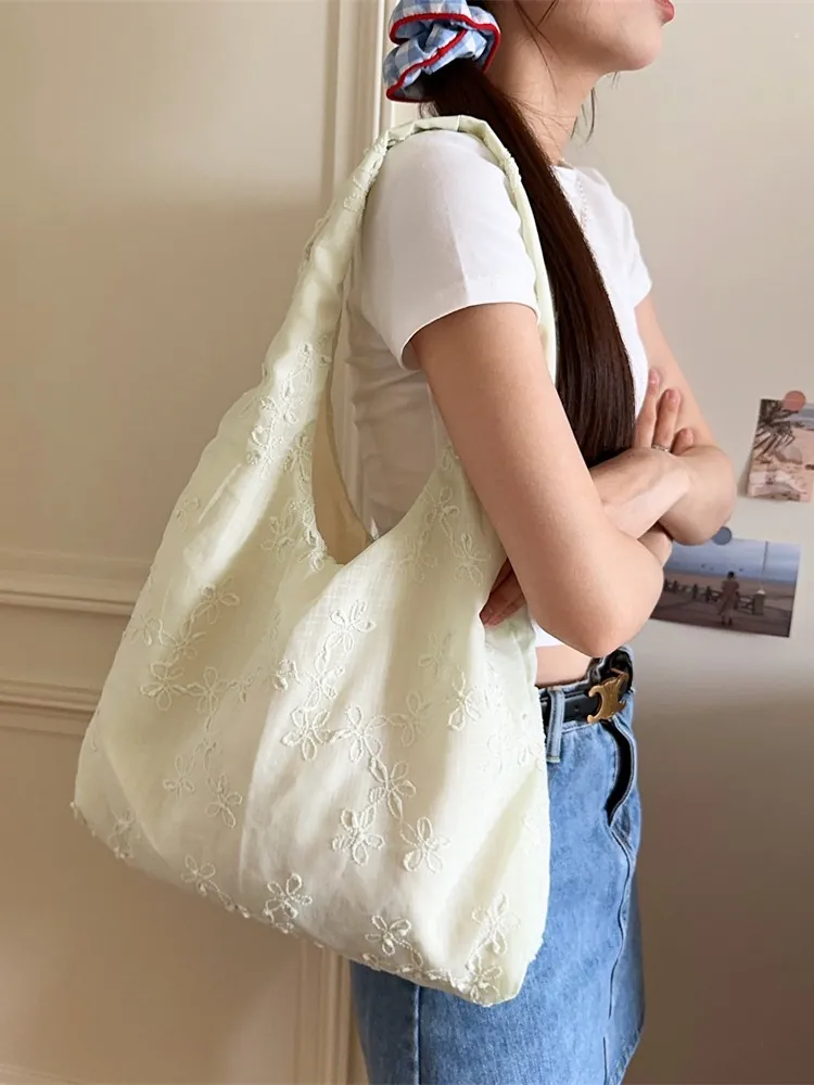 Florale Bestickte Tragetasche Chiffon Stoff Große Kapazität Lässige Umhängetasche Für Frauen Täglicher Einkauf Ins Stil